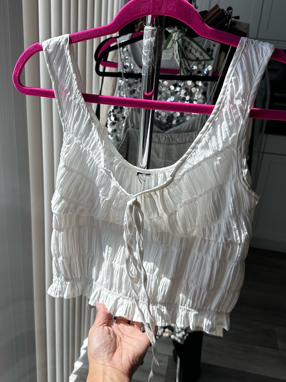 White Ruffled Tie-Front Sleeveless Crop Top Romantic Ruched Tank Size M